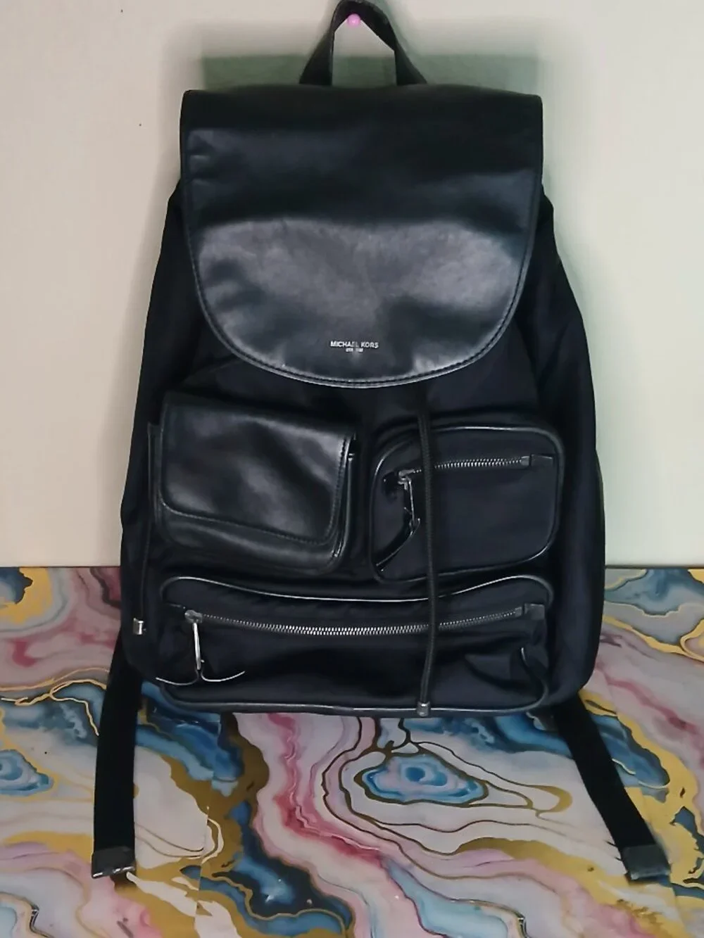 Michael Kors Black Nylon & Leather Utility Multi-Pocket Backpack